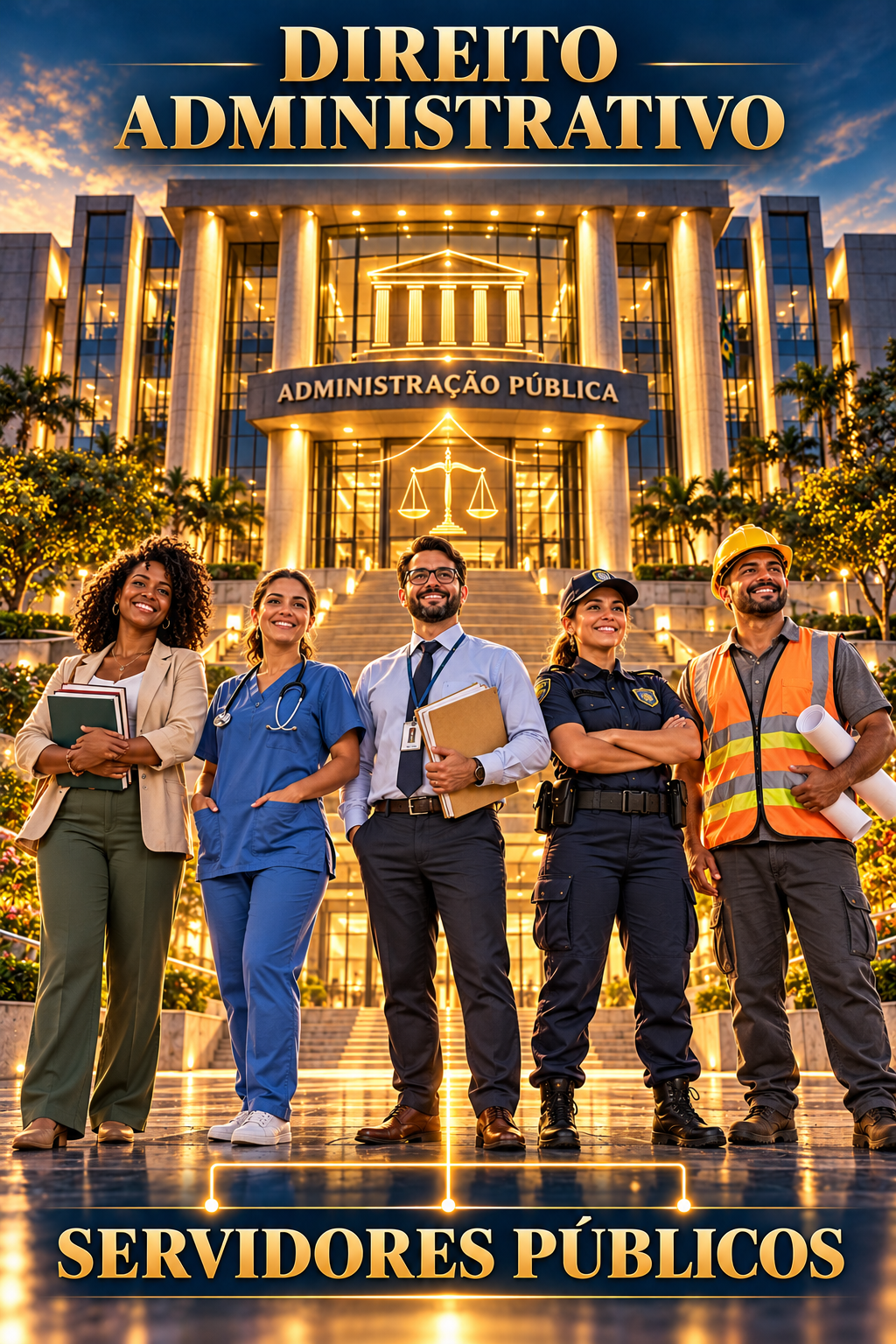 Ilustração de servidores públicos de diferentes profissões em frente a um edifício da administração pública