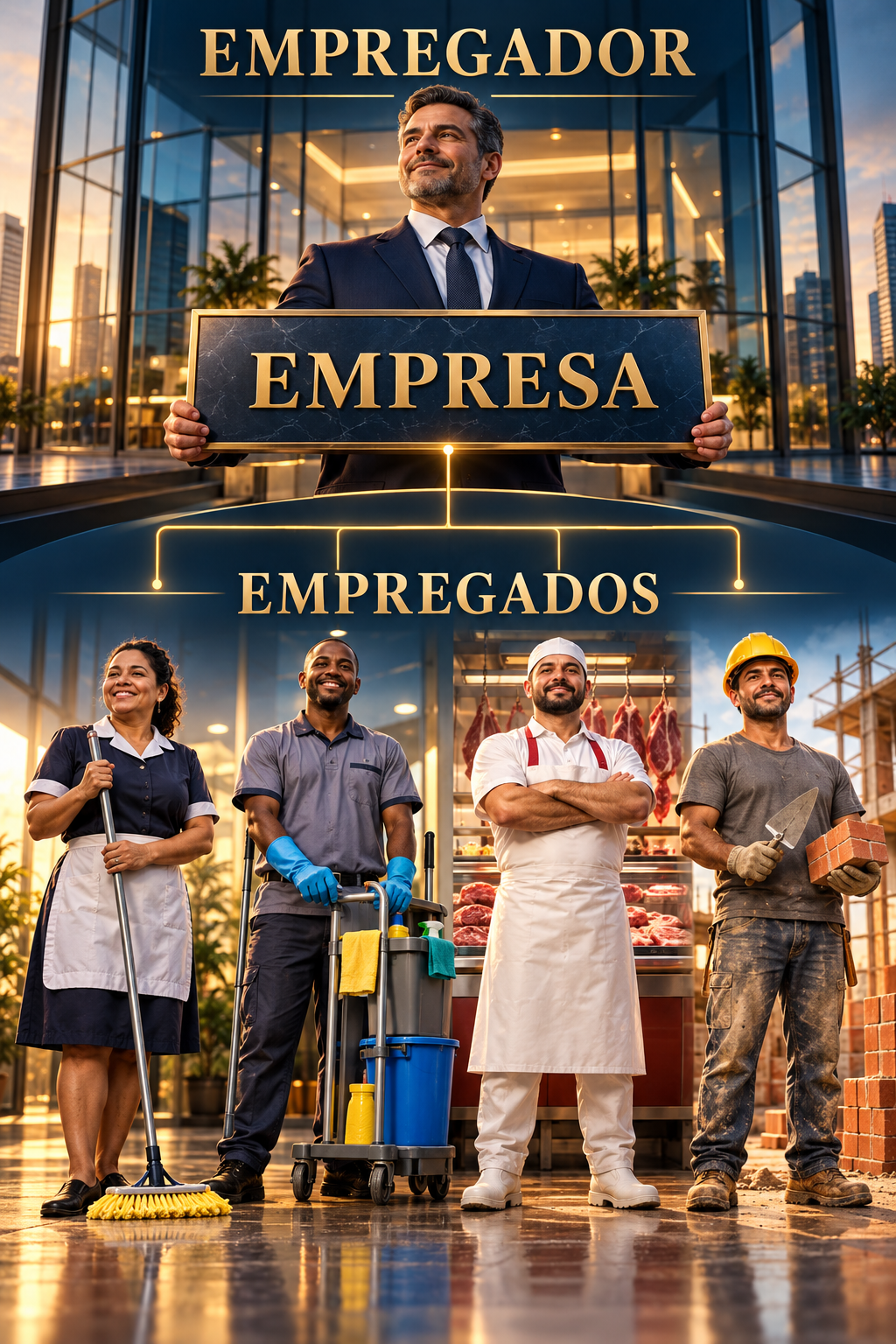 Ilustração de empregador e profissionais de diferentes áreas, representando o Direito Trabalhista